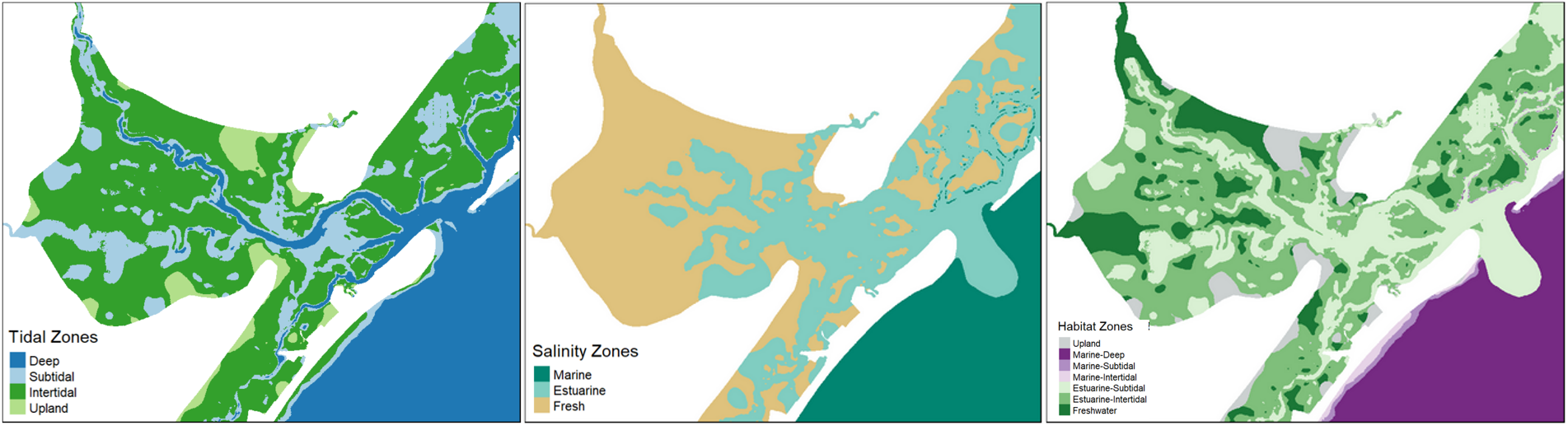 Demonstration of habitat zonation functions for delineating ecosystems based on tidal range, salinity, and the combined assessment for habitat types in the area surrounding the Great Egg Inlet, New Jersey.