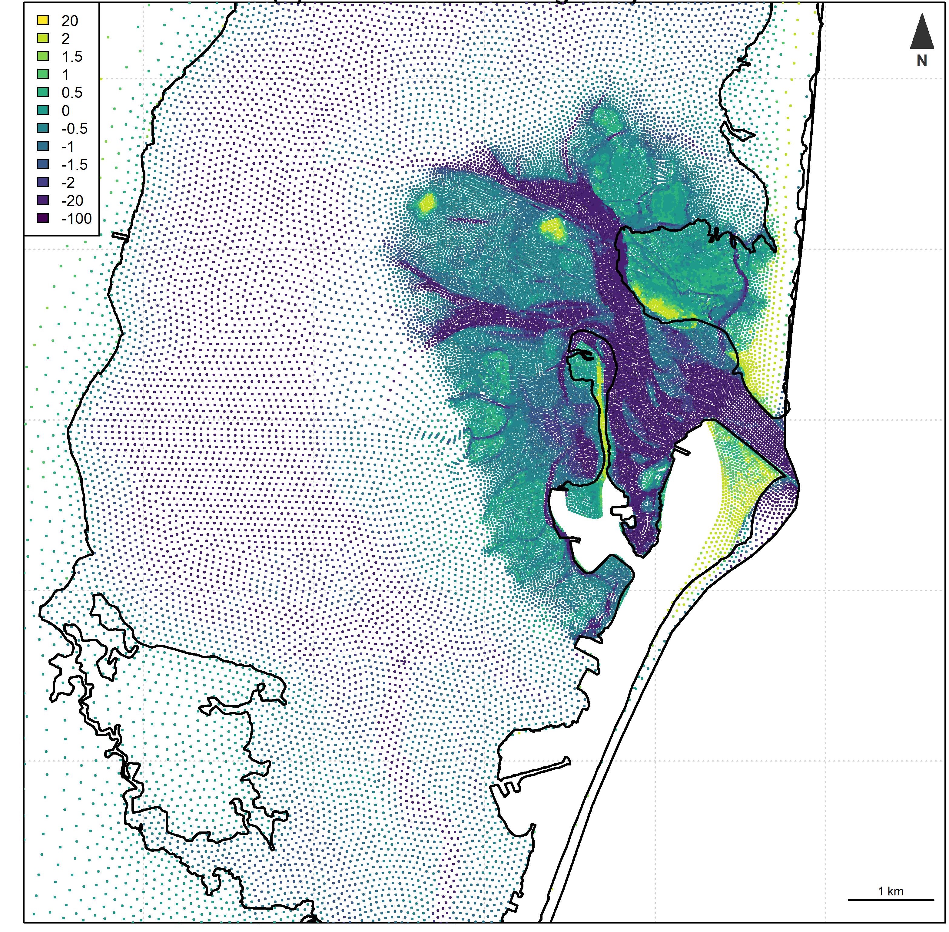 AdH node spacing as shown for a representative area of the NJBB study site around the Barnegat Bay Inlet. Color reflects bed elevation.