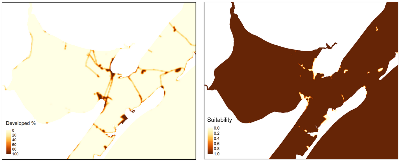 Example of suitability calculations for the estuarine intertidal model. The left panel show the percent of land use in urban uses, and the right panel shows the normalized (0 to 1) suitability outcome.